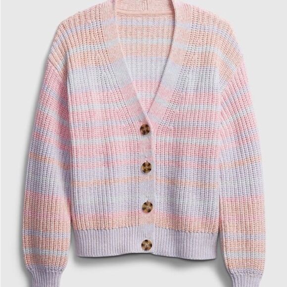 GAP pink pastel multi stripe button-front cotton knit cardigan size large - Picture 1 of 10
